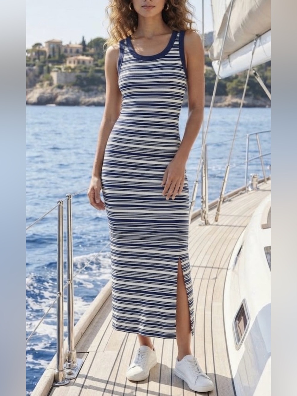 NO COMMENT knit maxi striped sleeveless side slit navy white costal NEW size XS